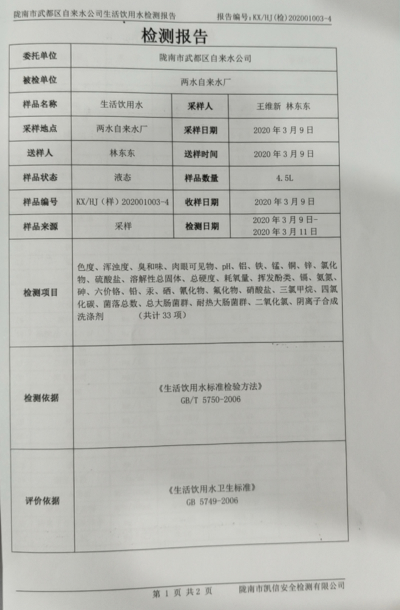 2020年3月17日武都城區(qū)飲用水檢測(cè)報(bào)告