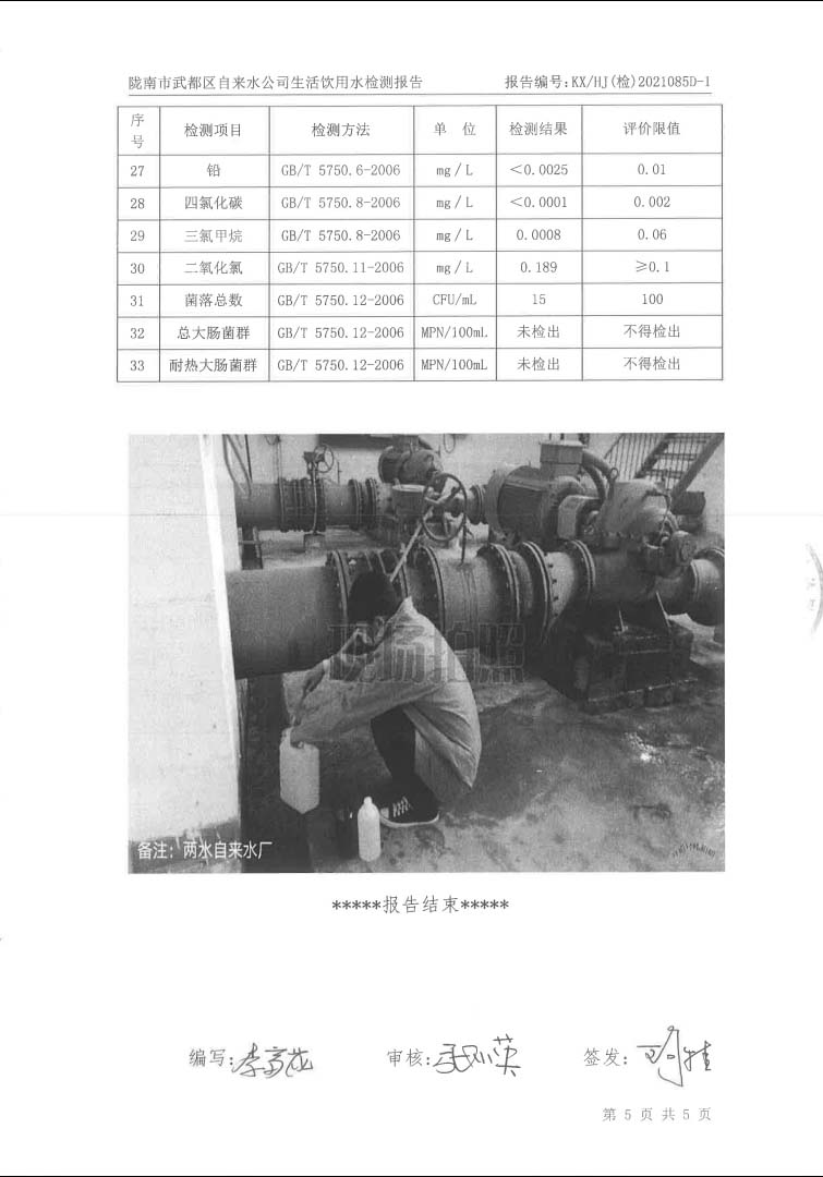 2021年11月16日武都城區(qū)飲用水檢測報(bào)告